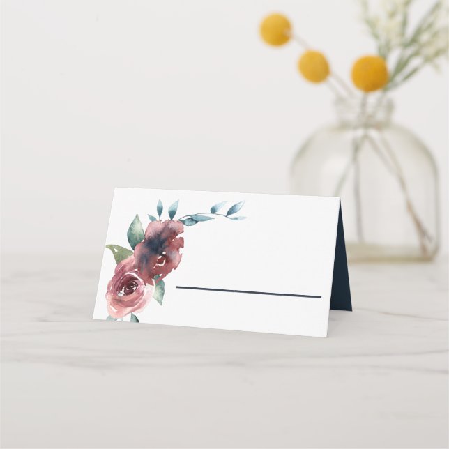Modern Floral Burgundy Navy Peach Blush Place Card (Front)