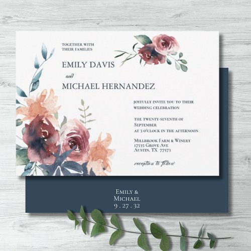 Modern Floral Burgundy Navy Peach Blush Wedding Invitation