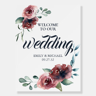 Modern Floral Burgundy Navy Peach Blush Welcome Foam Board
