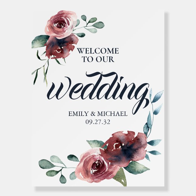 Modern Floral Burgundy Navy Peach Blush Welcome Foam Board (Front)