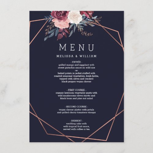 Modern Floral Burgundy Navy Wedding Menu