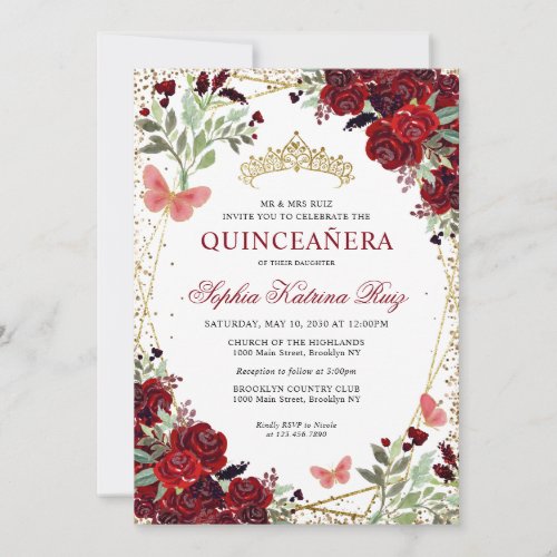 Modern Floral Burgundy Red Gold Tiara Quinceaera Invitation