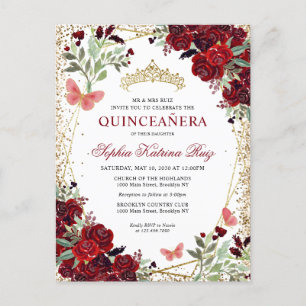 Modern Floral Burgundy Red Gold Tiara Quinceañera Postcard