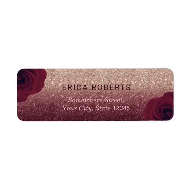 Modern Floral Burgundy & Rose Gold Glitter Ombre Label (Front)