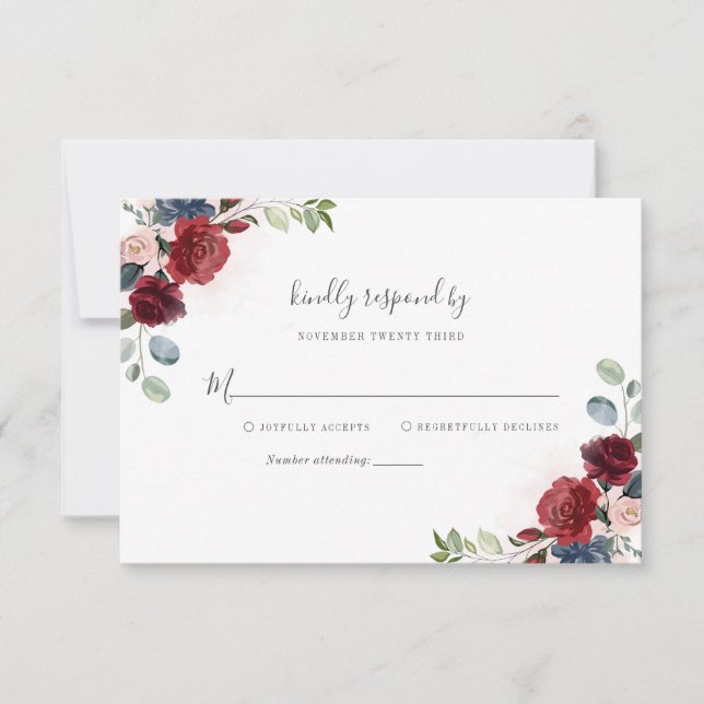 Modern Floral Burgundy Rustic Script Bridal Shower RSVP Card (Front)