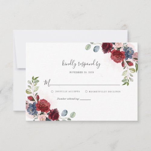 Modern Floral Burgundy Rustic Script Wedding RSVP Card