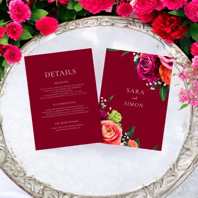 Modern floral burgundy wedding details card  (Creator Uploaded)