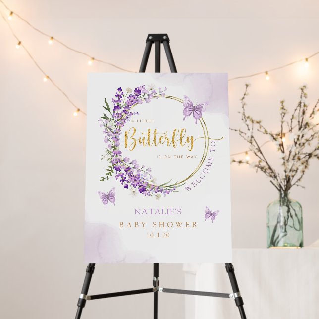 Modern Floral Butterfly Girl Baby Shower Welcome Foam Board (In Situ (Stand))