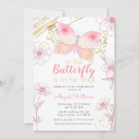 Modern Floral Butterfly Pink Gold Girl Baby Shower Invitation