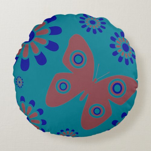 Modern Floral Butterfly Teal Blue And Pink Round Pillow