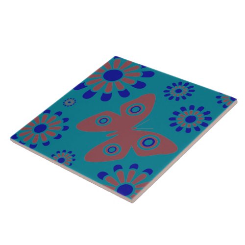 Modern Floral Butterfly Teal Blue And Pink Tile