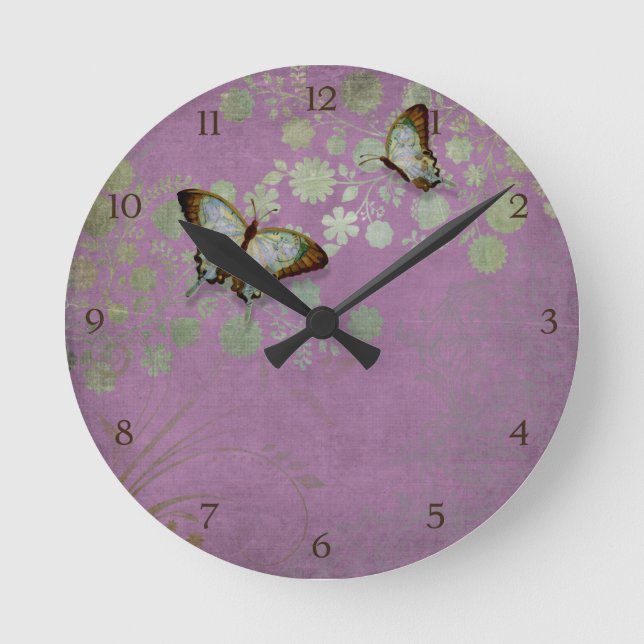 Modern Floral Butterfly w Abstranct Flower Blossom Round Clock (Front)