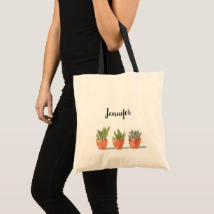 Modern floral cactus plants personalized tote bag
