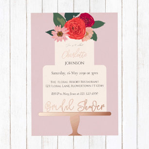 Modern Floral Cake Bridal Shower Gold Foil Invitation