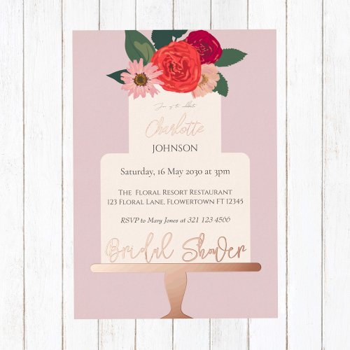  Modern  Floral Cake Bridal Shower Gold Foil Invitation