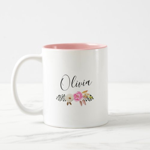Modern Floral Calligraphy Name Two_Tone Coffee Mug