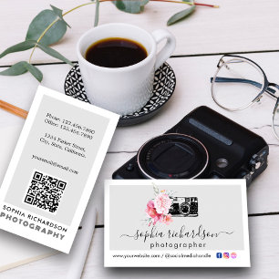 Modern Floral Camera QR Code Photographer Business Card