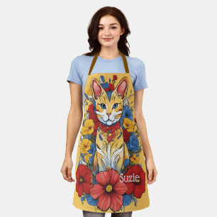 Modern Floral Cat Apron, Cute Cat Design Pattern Apron