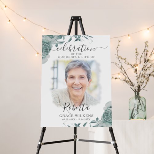 Modern Floral Celebration of Life Script Photo Foam Board - Celebrate the life of your loved one at a Celebration of Life event with this modern photo display board with the title CELEBRATION OF THE WONDERFUL LIFE OF name and date in a handwritten script typography and muted watercolor floral and botanical accents in sage green. PHOTO TIP:  For fastest/best results, choose a photo with the subject in the middle and/or pre-crop it to a square shape BEFORE uploading and use the CHANGE tab next to the sample photo in the PERSONALIZE section. Contact the designer via Zazzle Chat or makeitaboutyoustore@gmail.com if you'd like this design modified or help with transferring it to another product.