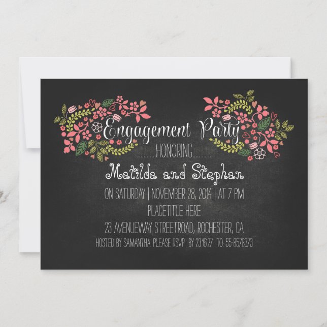 Modern floral chalkboard engagement party invite (Front)