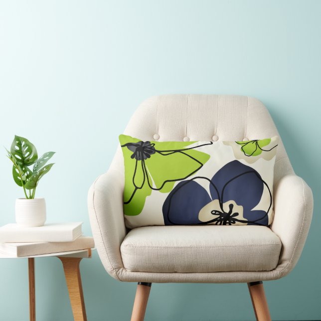 Modern Floral Chartreuse Navy Cream Lumbar Pillow (Chair)