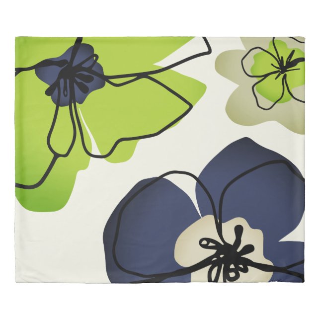 Modern Floral Chartreuse Navy Flowers Cream Chic Duvet Cover (Front)