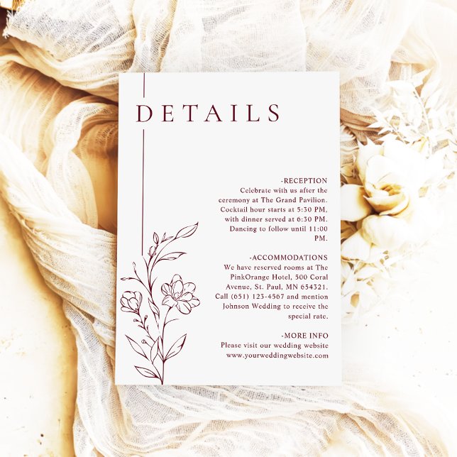 Modern Floral Chic Burgundy Wedding Details Enclosure Card (Creator Uploaded)