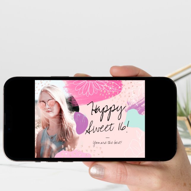 Modern floral chic happy birthday photo sweet 16 card (Front Digital)