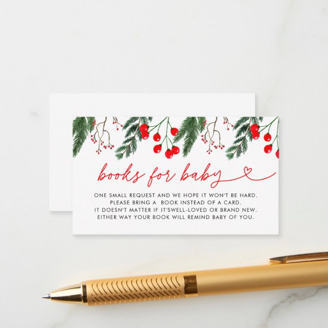 Modern Floral Christmas Baby Shower Books for Baby Enclosure Card (Front/Back In Situ)