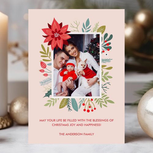 Modern Floral Christmas Blessings Photo Card