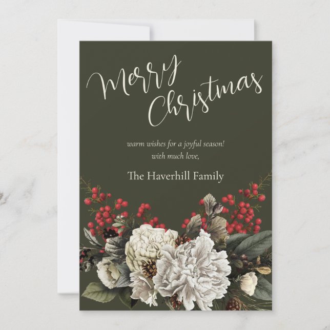 Modern Floral Christmas Elegant Script Family Name Holiday Card (Front)