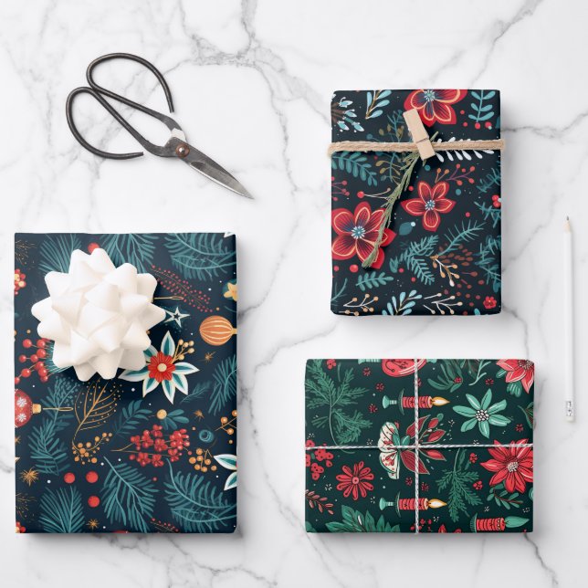 Modern Floral Christmas Xmas Wrapping Paper Sheets (Front)