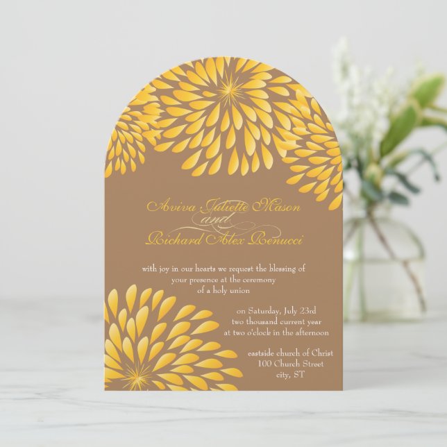 Modern Floral Chrysanthemum Gray and Yellow Invitation (Standing Front)