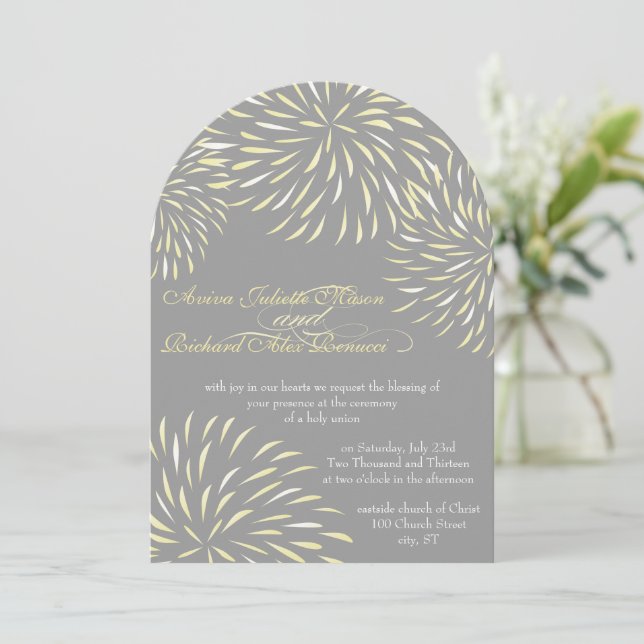 Modern Floral Chrysanthemum Gray and Yellow Invitation (Standing Front)