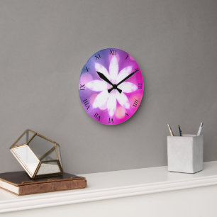 Modern Floral Colorful Pink Blue Ombre Round Clock