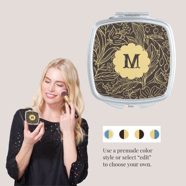 Modern Floral Compact Mirror with Initial (Vintage vibes floral customizable square compact mirror with initial is a great for Mother's Day. )