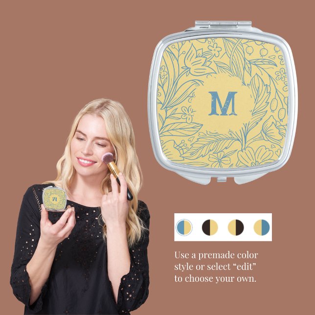 Modern Floral Compact Mirror with Initial (Vintage vibes floral customizable square compact mirror with initial is a great for Mother's Day. )