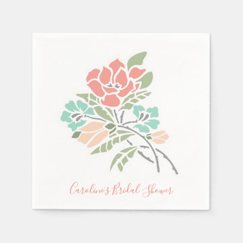 Modern Floral Coral and Teal Bridal Shower Napkins