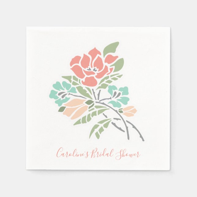 Modern Floral Coral and Teal Bridal Shower Napkins (Front)