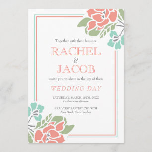 Modern Floral Coral and Teal Wedding Invitation