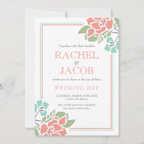 Modern Floral Coral and Teal Wedding Invitation