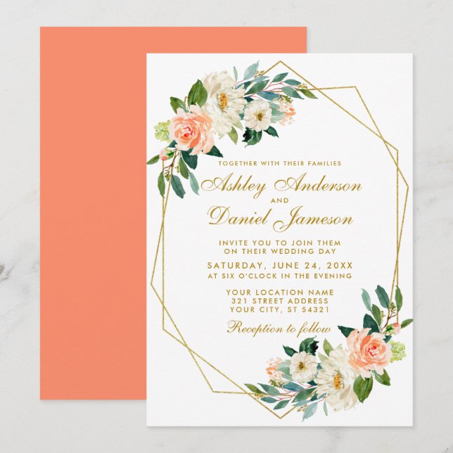 Modern Floral Coral Gold Geometric Wedding Invitation (Front/Back)