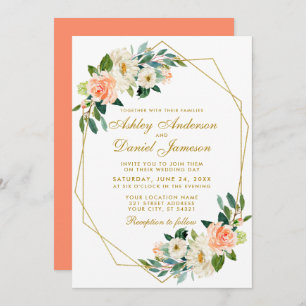 Modern Floral Coral Gold Geometric Wedding Invitation