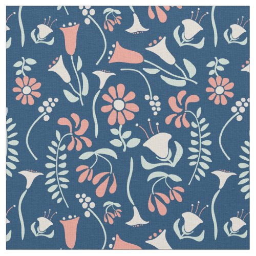 Modern Floral Coral Navy Mint Green Patterned Fabric