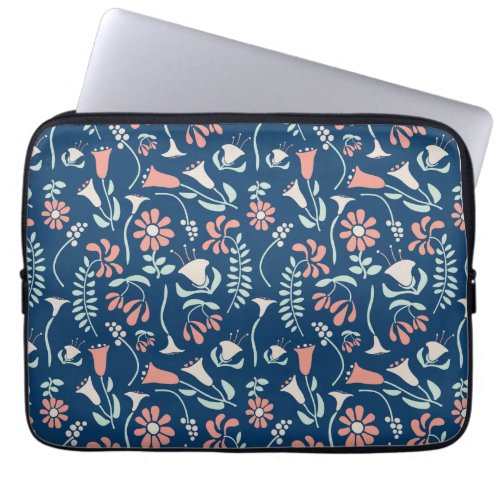 Modern Floral Coral Navy Mint Green Patterned Laptop Sleeve