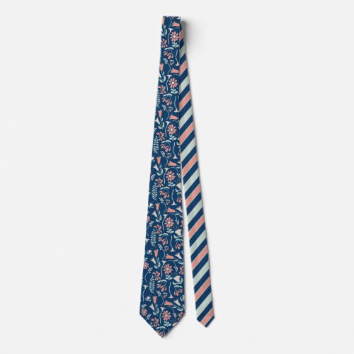 Modern Floral Coral Navy Mint Green Patterned Neck Tie