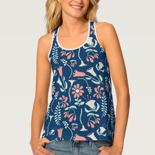 Modern Floral Coral Navy Mint Green Patterned Tank Top