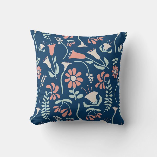 Modern Floral Coral, Navy, Mint Green Patterned Throw Pillow (Front)
