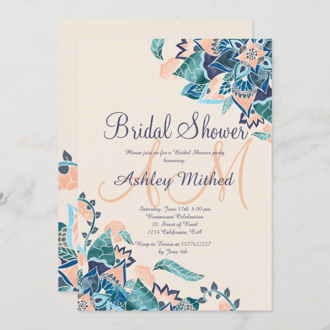Modern floral coral teal watercolor Bridal Shower Invitation (Front/Back)