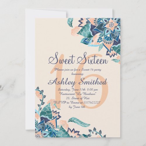 Modern floral coral teal watercolor Sweet 16 Invitation